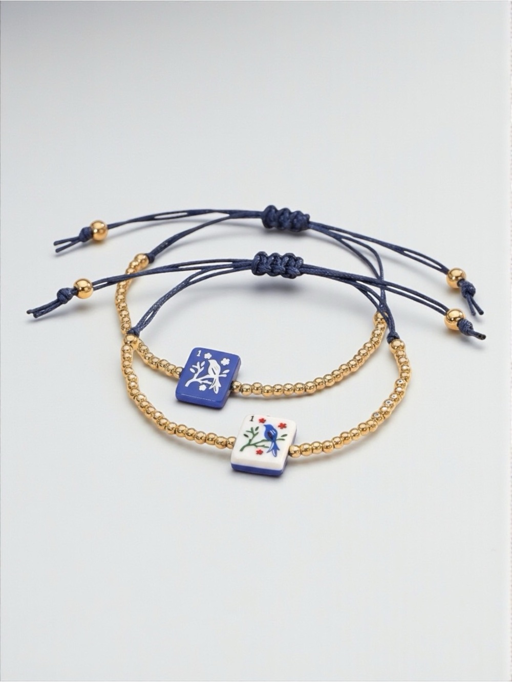 Mahjong Blue Bird Tile Beaded Adjustable Bracelet Gold Blue Mahjong Bracelet NWT